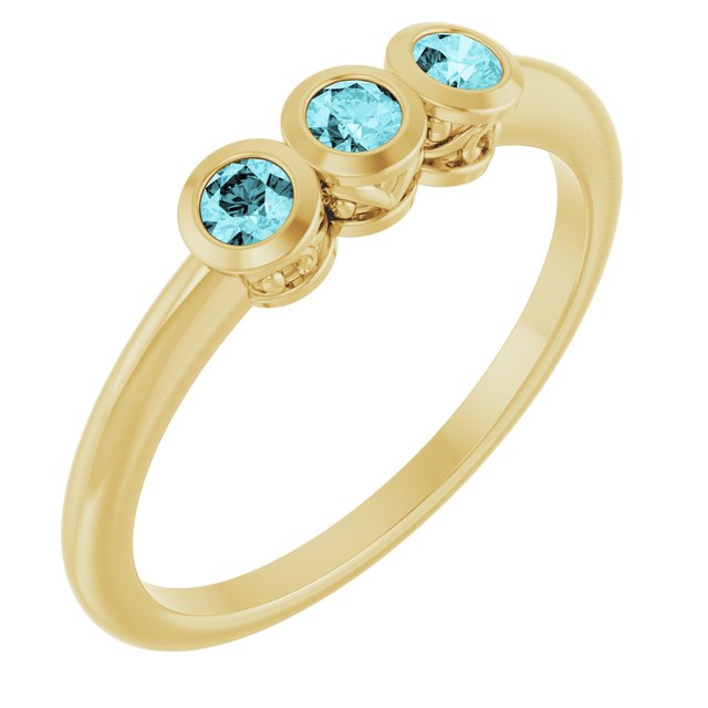 14K Yellow Natural Blue Zircon Three-Stone Ring